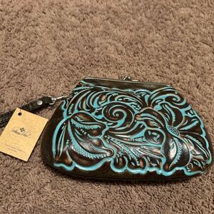 NWT Patricia Nash Hand-Painted Tooled Leather Wristlet | Turquoise